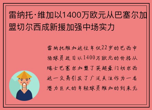 雷纳托·维加以1400万欧元从巴塞尔加盟切尔西成新援加强中场实力