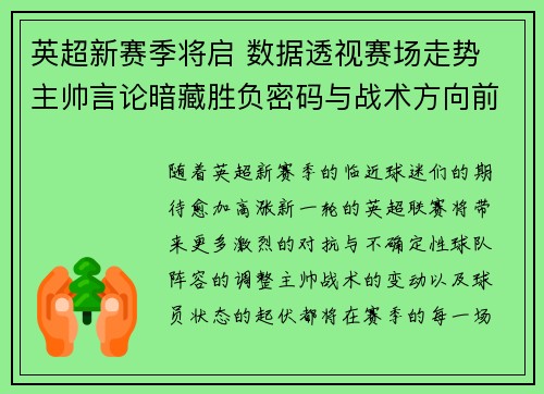 英超新赛季将启 数据透视赛场走势 主帅言论暗藏胜负密码与战术方向前瞻
